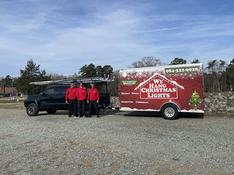 The Triangle Xmas install crew and truck, the team that lights homes in Cary, NC